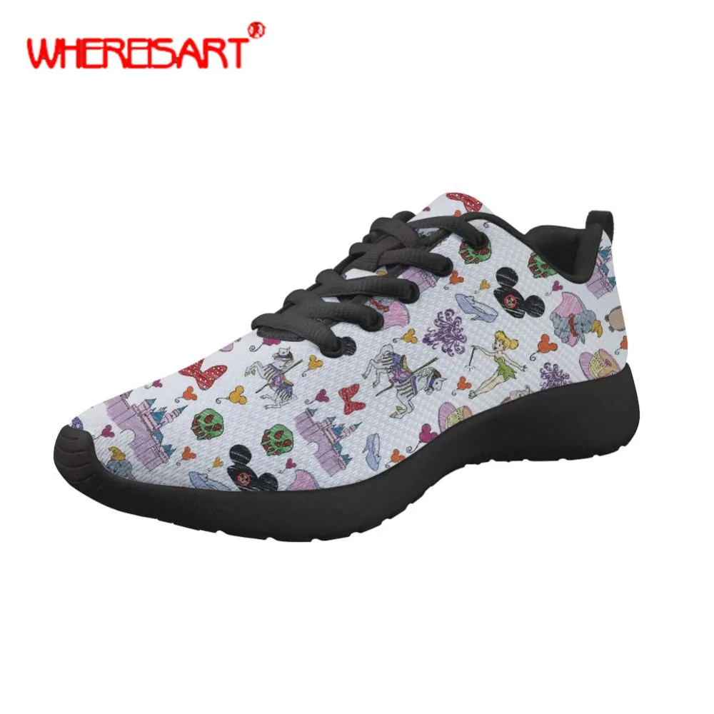 WHEREISART Nurse Shoes Women Cute Flats Cartoon Mouse Printed Sneakers for Females Lace-up Women Flats Spring Buty Damskie White
