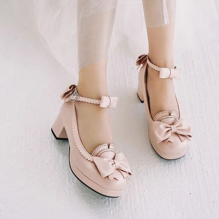 PXELENA/туфли mary jane в стиле Лолиты для девочек; женская свадебная обувь для невесты; белые, розовые туфли-лодочки с бантом на среднем массивном каблуке; вечерние платья для костюмированной вечеринки