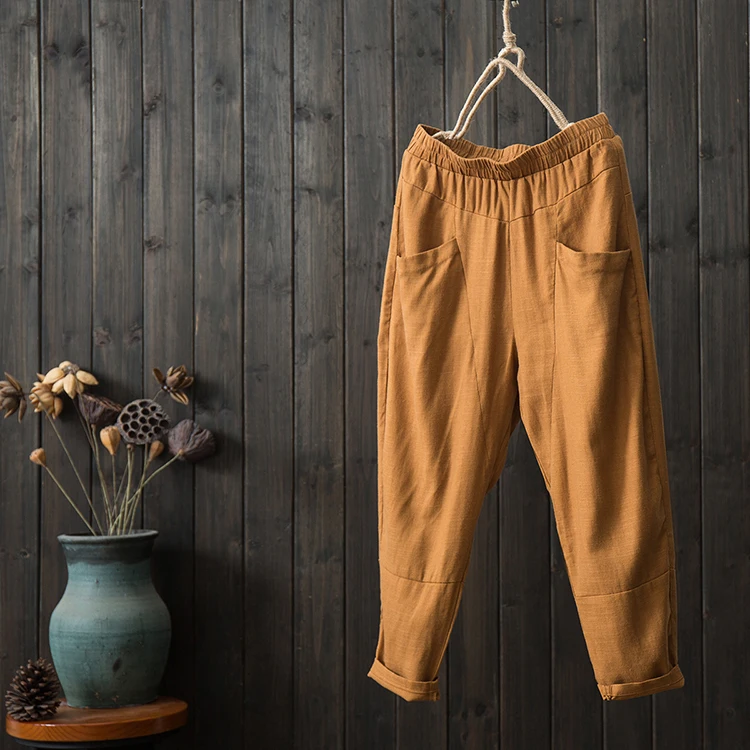 

Vintage Mori Girl Pants 2019 Spring New Cotton Big Size Comfortable Elastic Waist Pockets Harem Fashion Trousers YoYiKamomo