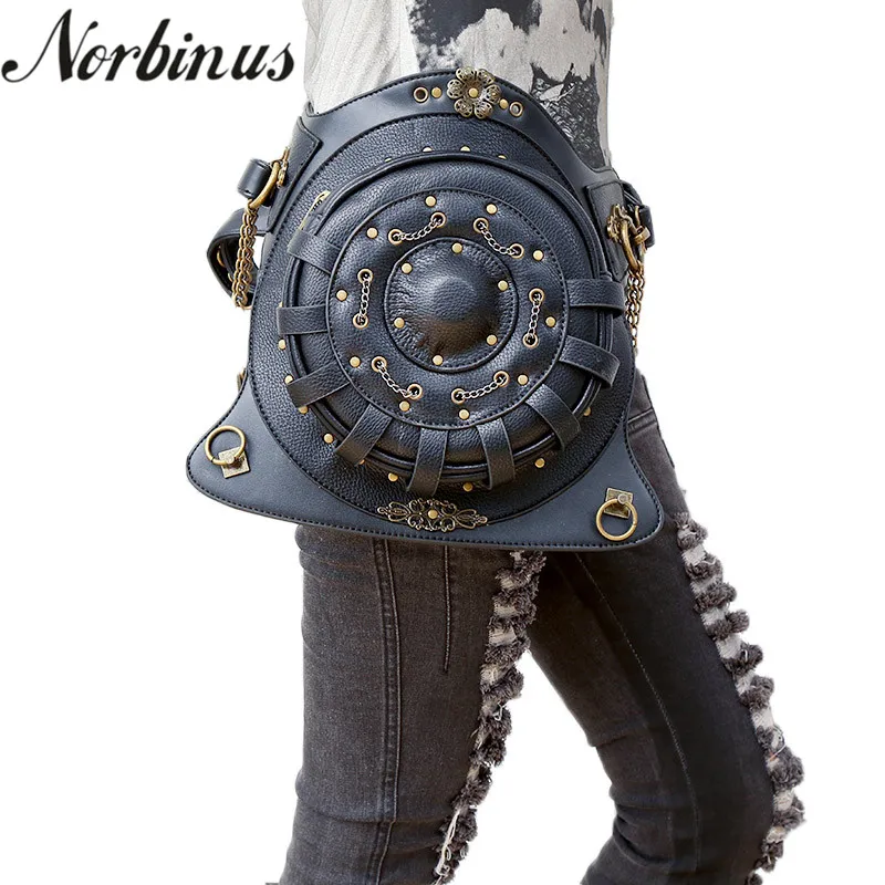 

Norbinus Women Waist Bag Fanny Packs Steampunk PU Leather Shoulder Bags Retro Rock Messenger Lady Drop Hip Leg Bag Punk Backpack