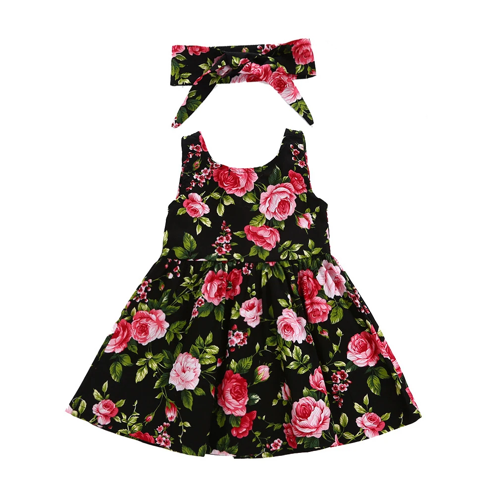 

2-6Y Summer Baby Girl Dress Cotton Print Floral dress + Hair Band Girl Dresses Toddler Baby Girl Clothes