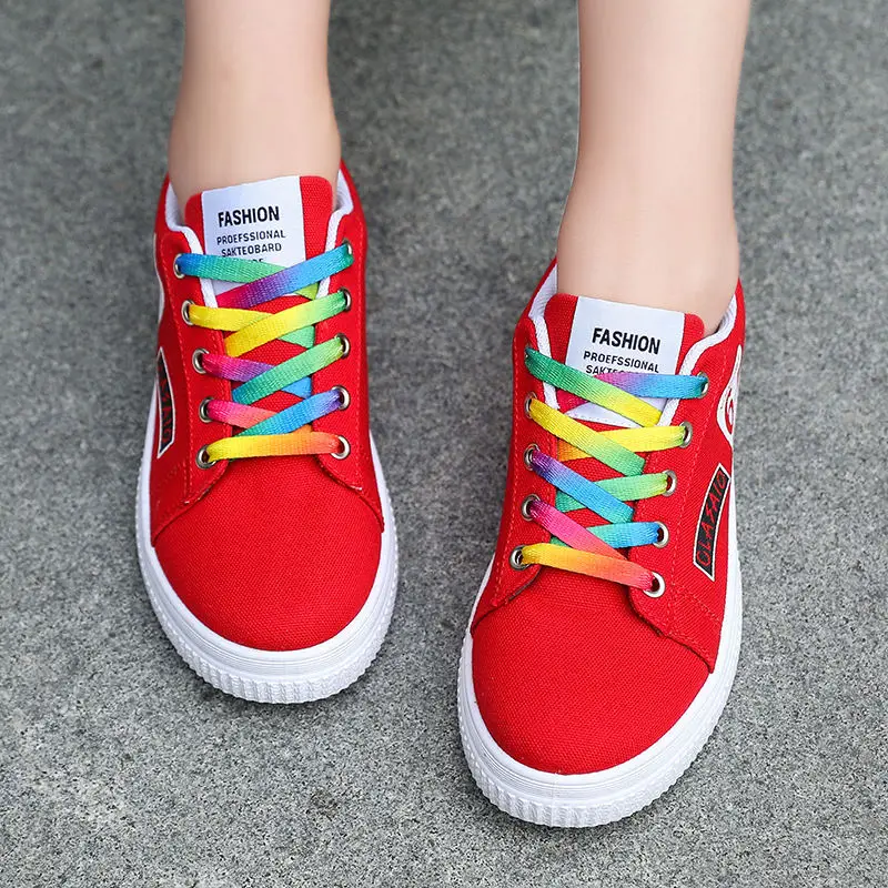 

X New Arrivals Red Canvas Women Shoes Flats Casual Comfort Cute Shoes Couples Rainbow Lace Low Canvas Sneakers Women espadrilles