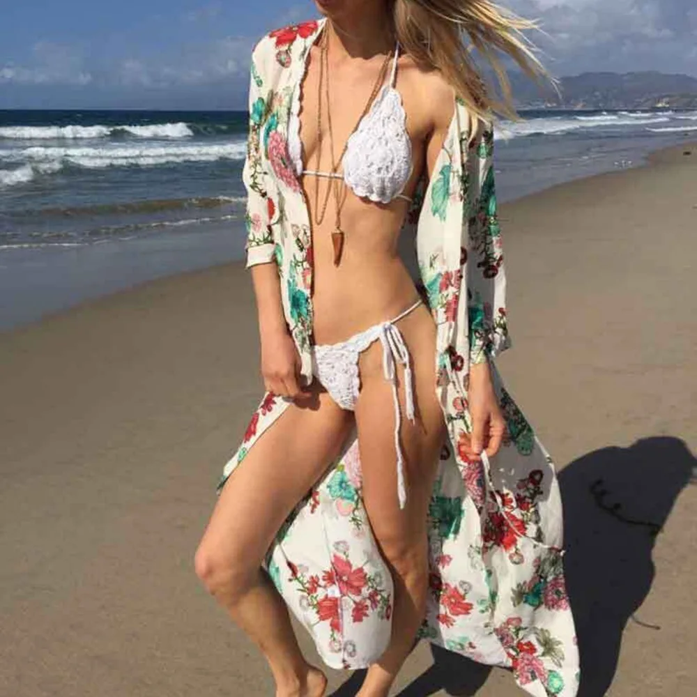 Summer Sexy Women's Floral Print Open Cardigan Drawstring Three Quarter Sleeves Sexy Long Blouse Suitble for Beach Party
