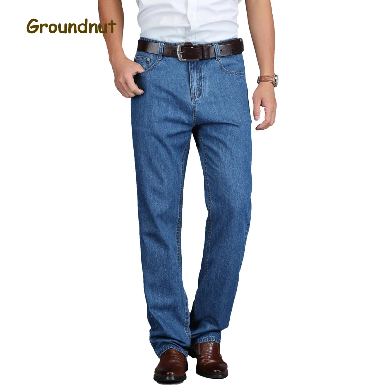 

Groundnut Brand 100% Pure Cotton Thin Business Straight Leg Mid Waist Loose Summer Jeans Men Denim Pants Male Casual Trousers
