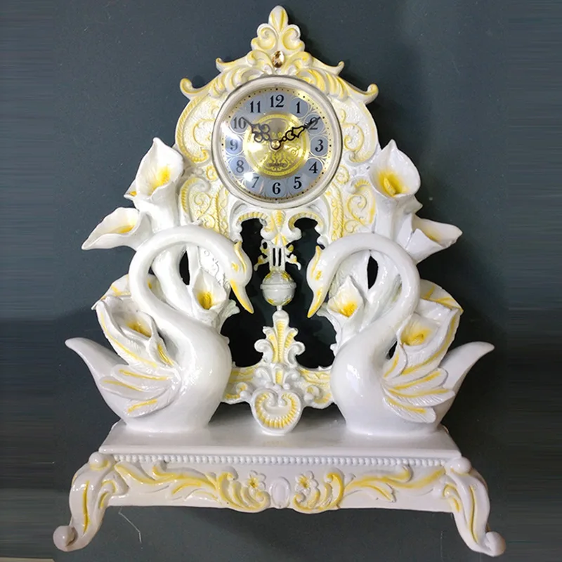 

TUDA Free Shipping 12 inch Exquisited White Swan Carved Resin Table Clock Home Furnishing Resin Table Clock Luxury Villa Decor