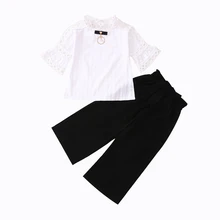 De moda de los niños conjunto de niños ropa de niña de hombro camiseta + ancho vintage de la pierna de La llamarada pantalones 2 uds conjunto de niños trajes