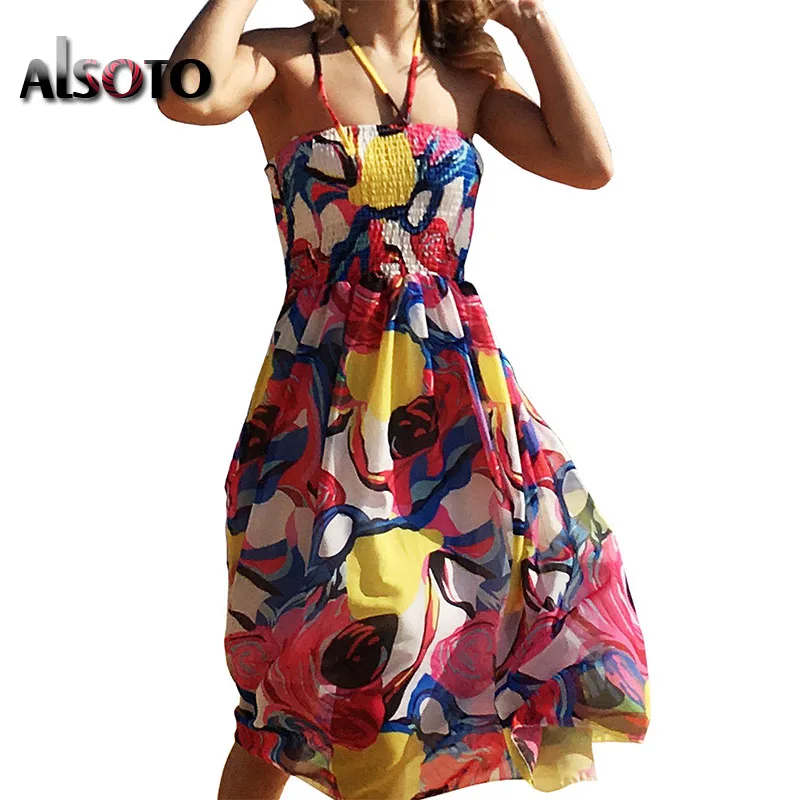 

ALSOTO Summer Fashion Women Sexy Dress New Lady Sleeveless Printing Backless Sling High Quality Chiffon Beach Dresses