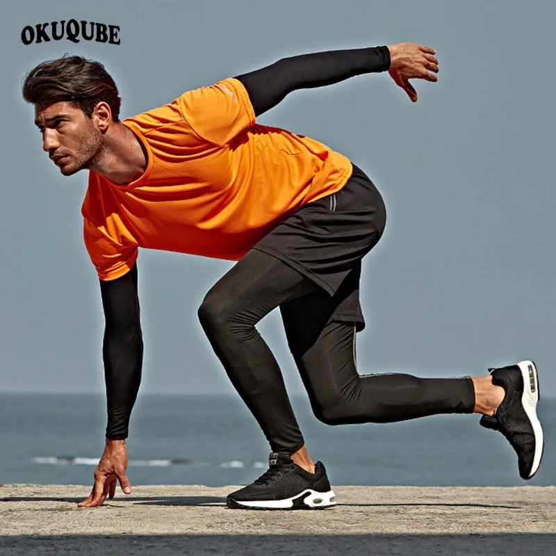 

Men Sportswear Black Gray White Tracksuit Man Elastic Refective Gym Workout Clothes Breathable Jogging Training Running Set Male