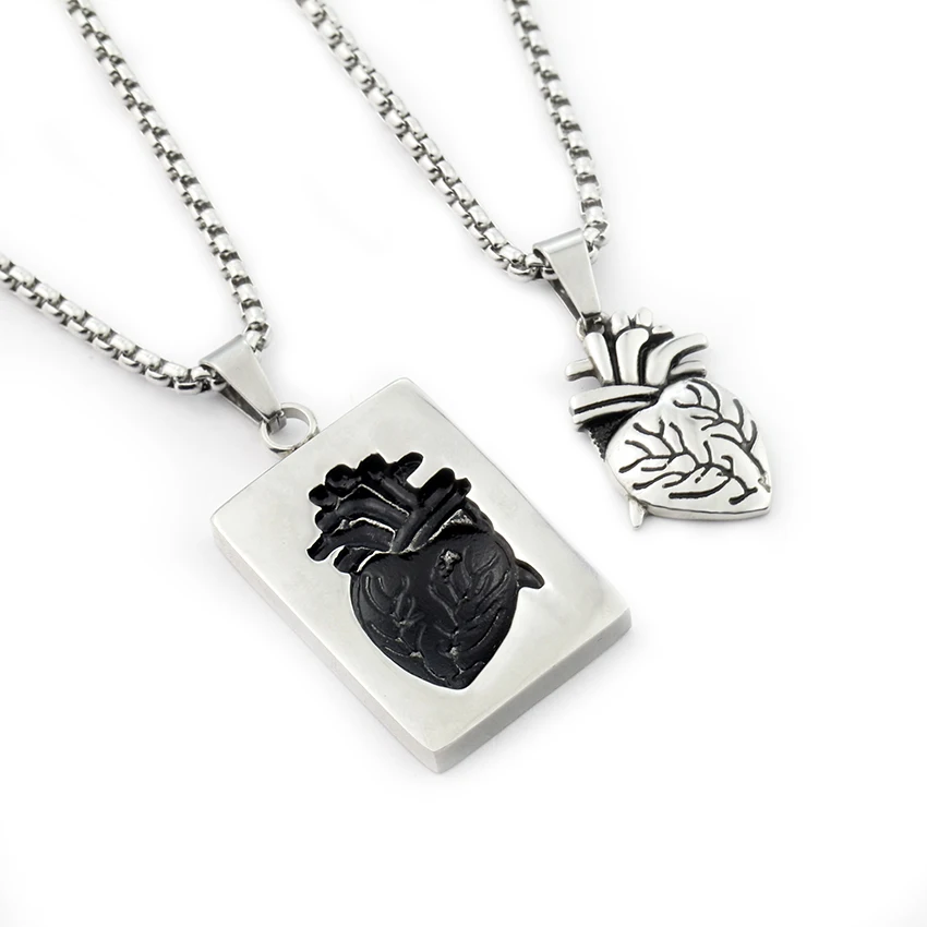 

2piece Matching Human Heart Necklace On Rectangle Pendant Rectangle Cardiac Necklace Men Punk Rock Cool Jewelry Colar Masculino