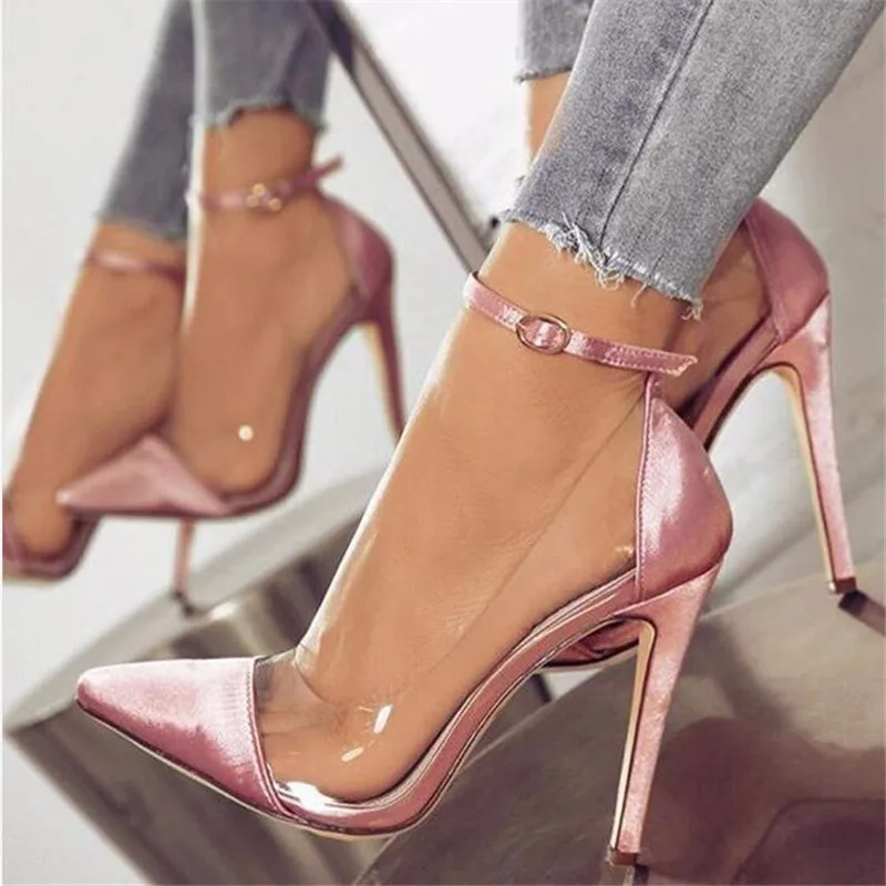 

Jelly clear bride sexy women thin high heels ankle buckle ladies wedding shoes woman new high-heeled pointed size 34-43 HX-37