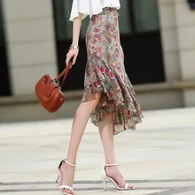 Летние Новые Модные Винтажные шифоновые юбки с цветочным принтом в виде листьев лотоса, женские длинные пляжные вечерние юбки с асимметричными оборками, юбка Xxl