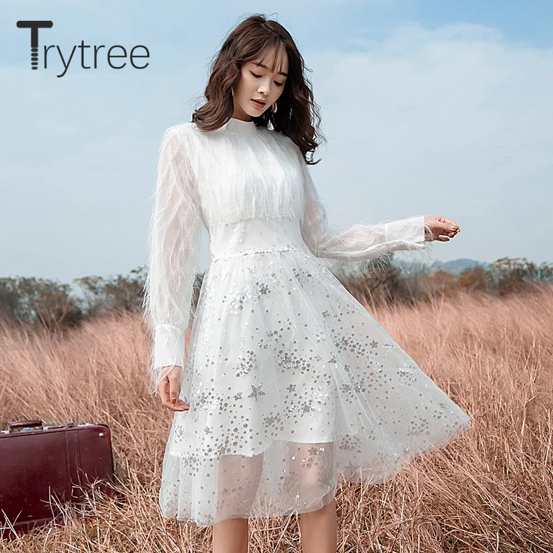

Trytree Spring Romantic Tassel Patchwork Mesh Sequined women Dress Dresses A-line Knee-Length Solid White Casual Dress