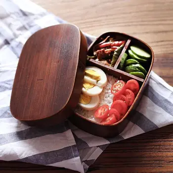 

B Japanese Style Bento Boxes 1Layer 3Grids Wood Lunch Box Portable Picnic Kids Students Food Container Kitchen Accessories