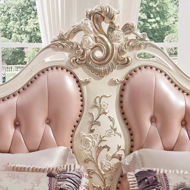 أثاث غرفة نوم العتيقة الفرنسية نمط الملك حجم الوردي جلدية سرير خشبي