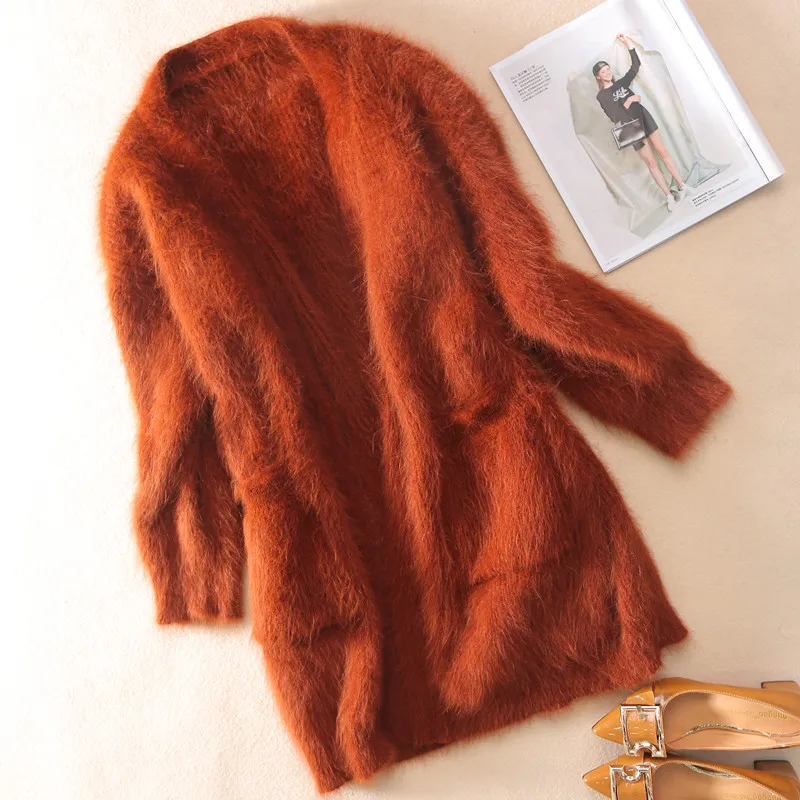 

2019 Soft Fluffy Angola Sweater Coat New Women Winter Genuine 100% Mink Cashmere Sweater Cardigan Thick Coat Free Shipping JN564
