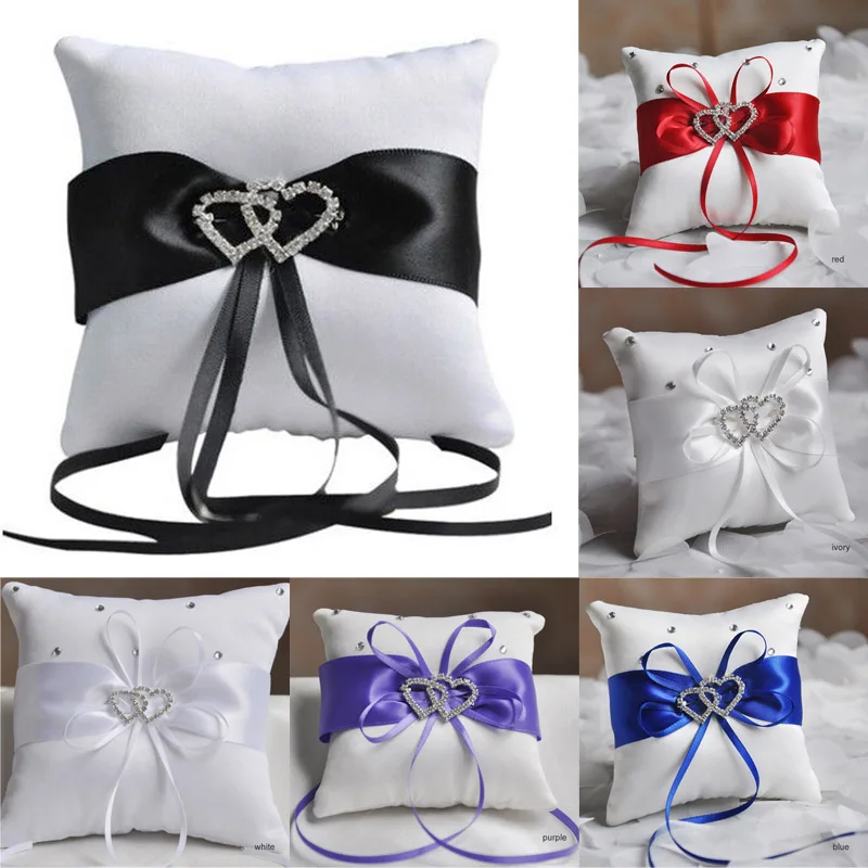 Drop Shipping European Wedding Decor Ring Pillow Double Heart White Red Blue Handmade Ribbon Bowknot Rhinestone Party Supplies