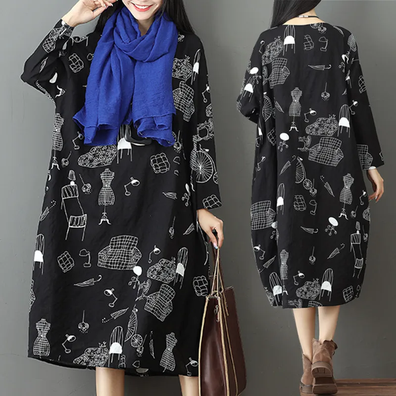 

Plus Size 4XL 2018 Autumn Women Elegant Vintage Print Cotton Linen Tops Ladies Female Large Big Long Casual Thin Robe Dresses