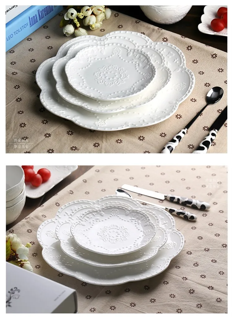 Новая белая кружевная костяная фарфоровая посуда и тарелки круглая рельефная керамическая посуда тарелка для десерта/фруктов/торта