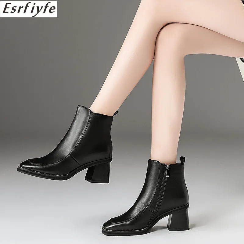

ESRFIYFE New Arrival Ankle Boots for Women Genuine Leather Solid Color Fashion Shoes Woman Zip High Heels Autumn Winter Boots