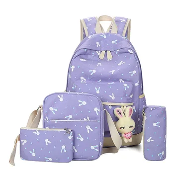 

4Pcs/Sets 2019 Cartoon Rabbit Printing School bag Canvas Schoolbags for Teenage Cute Girls Bookbag Children