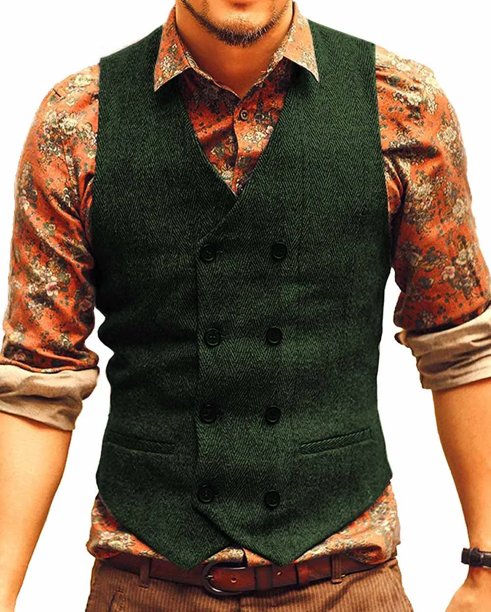 Mens Suit Vest V Neck Wool Herringbone Casual Formal Business Double-breasted Waistcoat Groomman For Wedding Green/Black/Brown 4