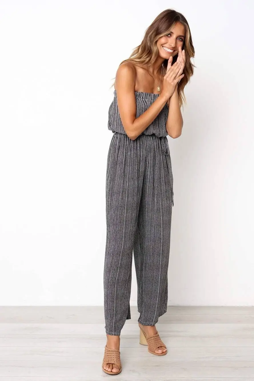 Wide Leg Overalls Fashion Women Striped Print Sleeveless Tie Up Back Long Pant Jumpsuit Wide Leg Overalls Fashion Women Striped Print Sleeveless Tie Up Back Long Pant Jumpsuit