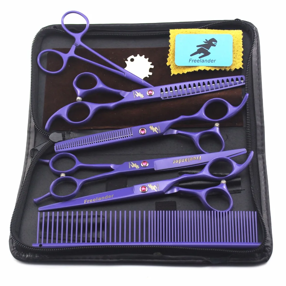 

7 "Professional pet grooming kit, direct and thinning scissors and curved pieces 4 pieces. ,technicolor violet