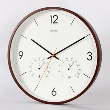 14 inch Wooden Frame Wall Clock Silent Non Ticking Quartz Movement Wall Watch with Thermometer Hygromemter Humidity Living Room