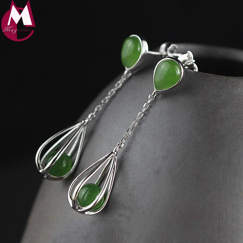 

Water Drop Natural Jasper Round Geen Jade Bead Drop Earrings For Women Trendy Gem Jewelry 100% 925 Sterling Silver Earring SE126