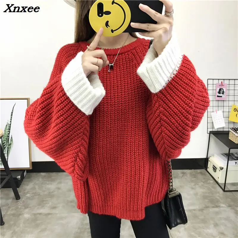 2018 Autumn sweater women pullover knitted knitted top for winter Sweater Leisure bat sleeve loose pullover sweater Female Xnxee
