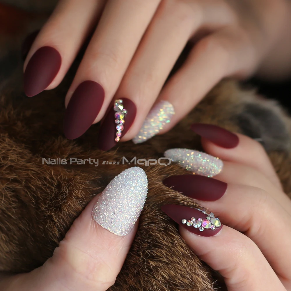 

Matte glitter art nails box Match press on nails Burgundy AB rhinestone fasle nails stiletto Custom nails white blue pink