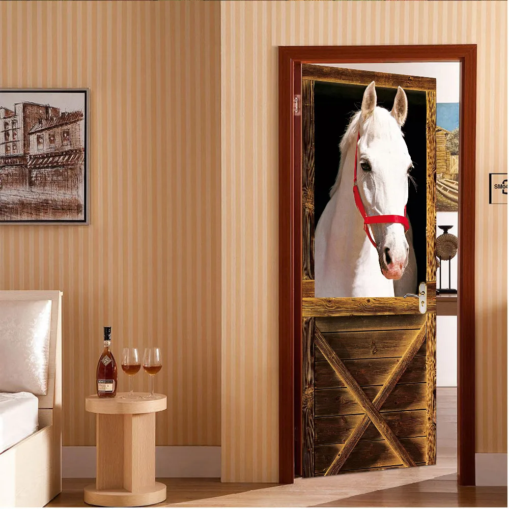 Креативная 3D дверная наклейка с белой лошадью, водостойкая самоклеящаяся Настенная Наклейка для дома, спальни, художественного украшения дверей