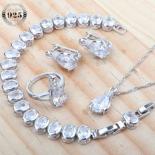 Женские белые циркониевые Ювелирные наборы для женщин, 925 пробы серебряные серьги, кольца, браслеты, кулон, ожерелье, набор, подарочная коробка