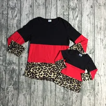 Модная футболка для маленьких девочек; сезон весна-зима детская одежда Семейный комплект одежды для мамы; хлопковые реглан с длинными рукавами; цвет красный, черный, Леопардовый