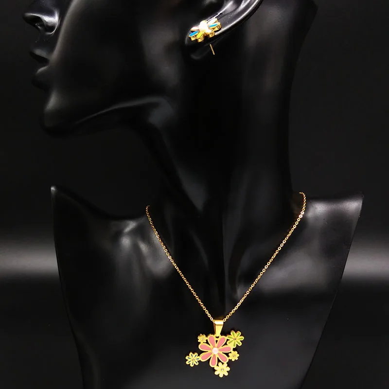 

Colorful Flower Jewelry Sets Vintage Brand Gold Color Enamel Stainless Steel Jewelry Set For Woman bijoux FS601213