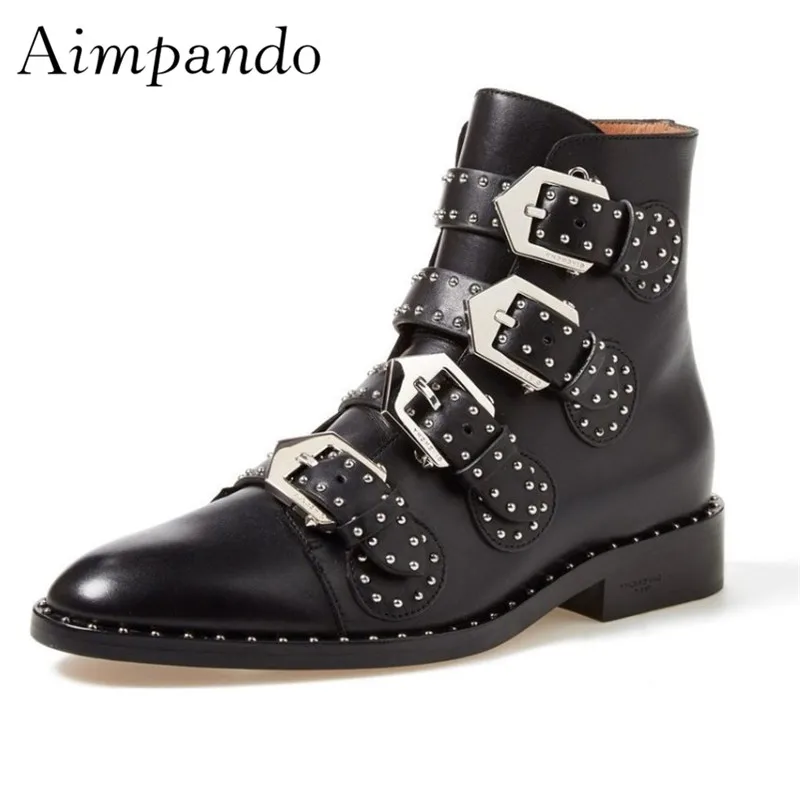 

Rivet Motorcycle Boots Punk Style Studded Buckle Short Booties Leather Fashion Metal Decor Belt Rain Botas Mujer
