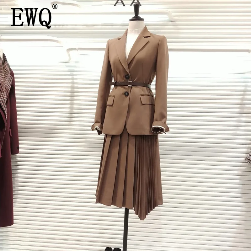 

[EWQ] 2019 Autumn New Belt Long-sleeved Lapel Coat Fashion Trend Loose Comfortable Women Thick High Quality Camel Blazer QF503