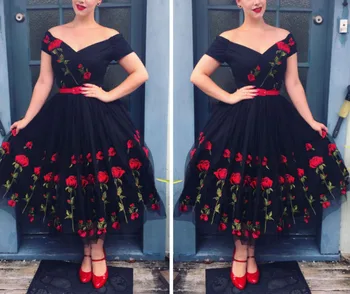

Summer Rose Embroidery Mesh Dress Women Vintage Black Dresses 1950S Slash Elegant Women Party Dress Vestidos
