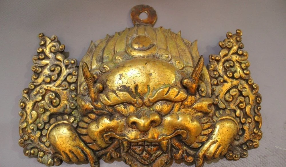 

9" Old Tibet BuddhismTemple Bronze 24K Gold Garuda Mahakala Head Mask Statue