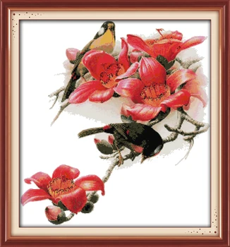 

kapok&red-billed leiothrix cross stitch kits 14ct white 11ct printed embroidery DIY handmade needle work wall home decor