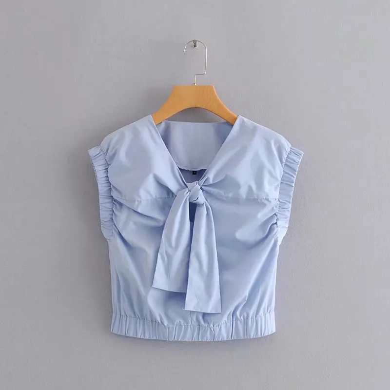 

2019 women v neck solid color bow tied decoration simply blouse shirts women sleeveless vest blusas chic summer tops LS3878