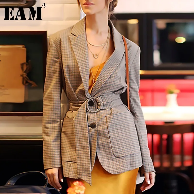 

[EAM] 2019 New Autumn Winter Turn-down Collar Long Sleeve Bandage Single Breasted Temperament Jacket Women Coat Fashion JX732
