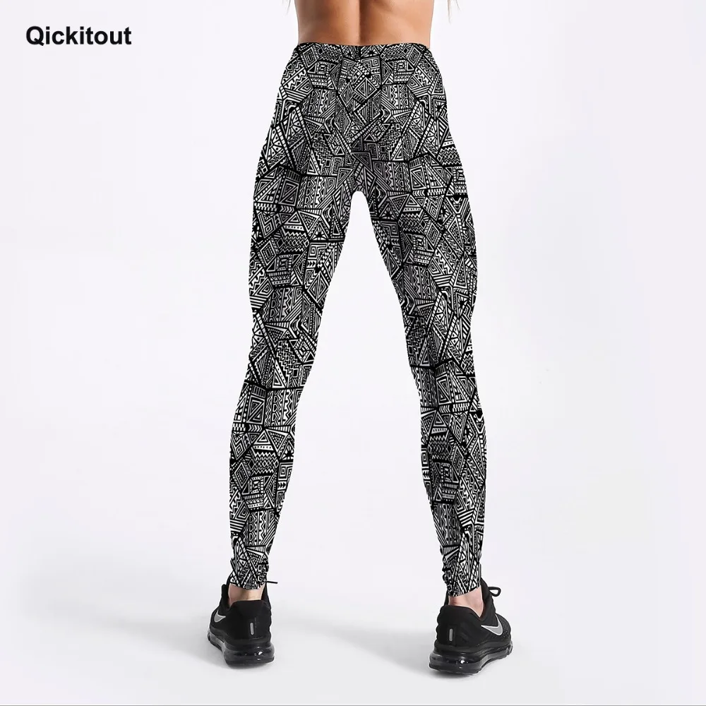 Qickitout, фольклорный стиль, модные женские леггинсы, черно-белые, геометрические, треугольные, с принтом, леггинсы, для фитнеса, тренировки, сексуальные, подходят, уличная одежда