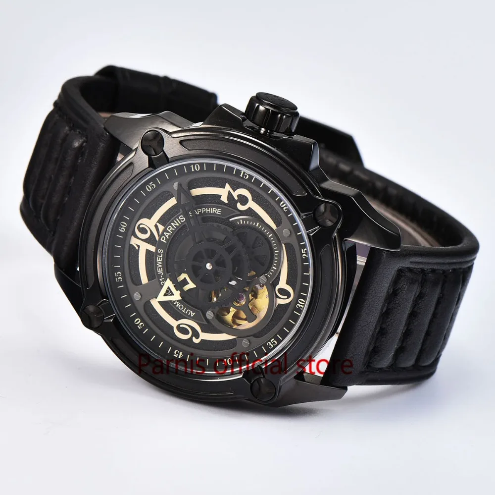 44mm Parnis Watches Automatic Mechanical Wristwatch Skeleton Black Dial Sapphire Crystal 100% Cowhide Leather 5ATM Miyota 8255