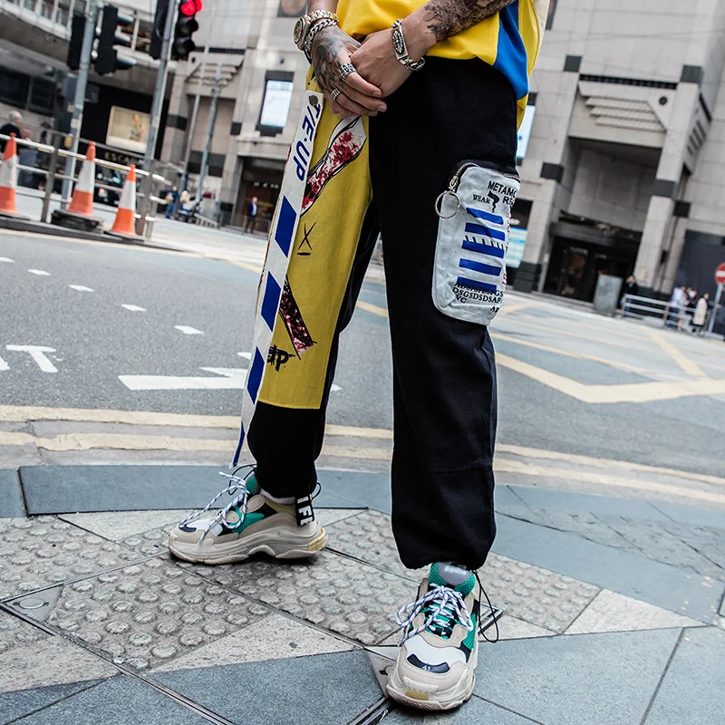 

2019 Streetwear Cotton Muti Pockets Spliced Cargo Pants Men