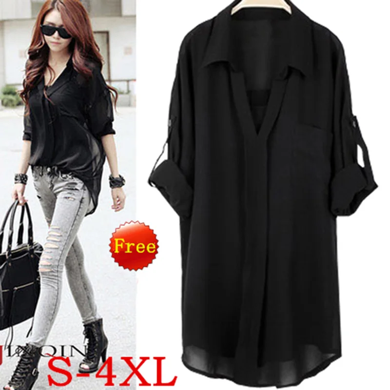 

women blouses loose chiffon blouse shirt long sleeve v neck casual 4XL Femme shirts plus large size xxxxl white black Summer top