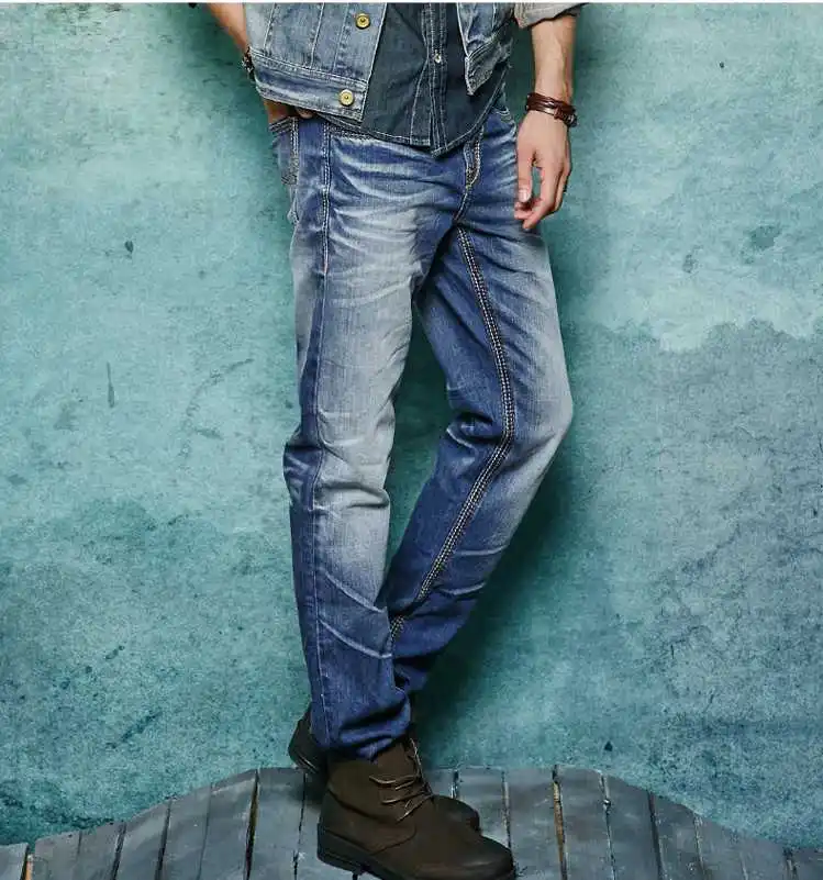 

2017 thick autumn unique straight slim jeans male fashion 100% cotton trousers