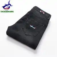 TACE&SHARK Brands Business Casual Shark Denim Pants Straight Slim Jeans Fashion Mens Flag Embroidery Jeans Trousers