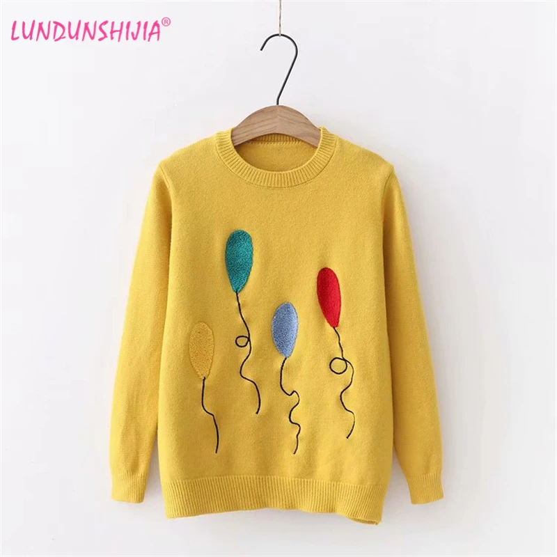 

LUNDUNSHIJIA High Quality Balloon Embroidery Sweaters For Women 2018 Autumn Winter Knitted Pullover Loose Tops Female Sweater