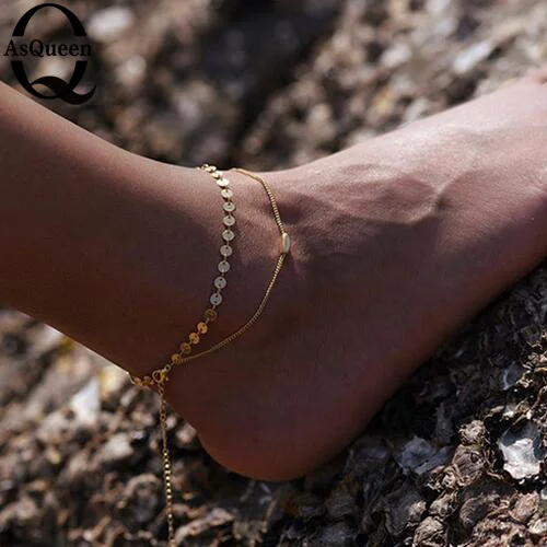 Двухслойный серебряный браслет ножной браслет летний Бохо ножной браслет бижутерия для ног для женщин в подарок - Окраска металла: Gold Plated